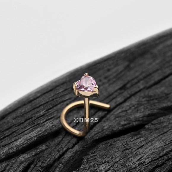 14 Karat Gold Heart Prong Set Gem Sparkle Nose Screw Ring - Pink Gem - Picture 1 of 2